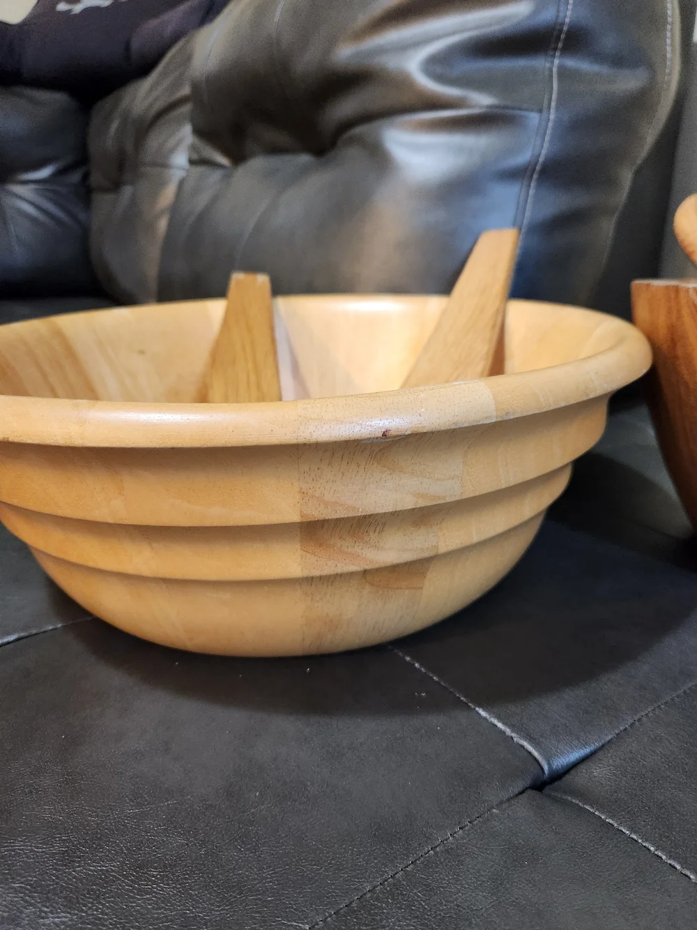2 Vintage Wooden Salad Bowls and Serving Utensils - Natural Brown